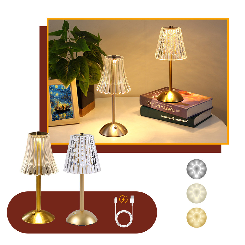 Luminária de Mesa 3 Tons Abajur Cristal Candeeiro Cabeceira LED Recarregável Decoração Sala Quarto em Oferta na Shopee