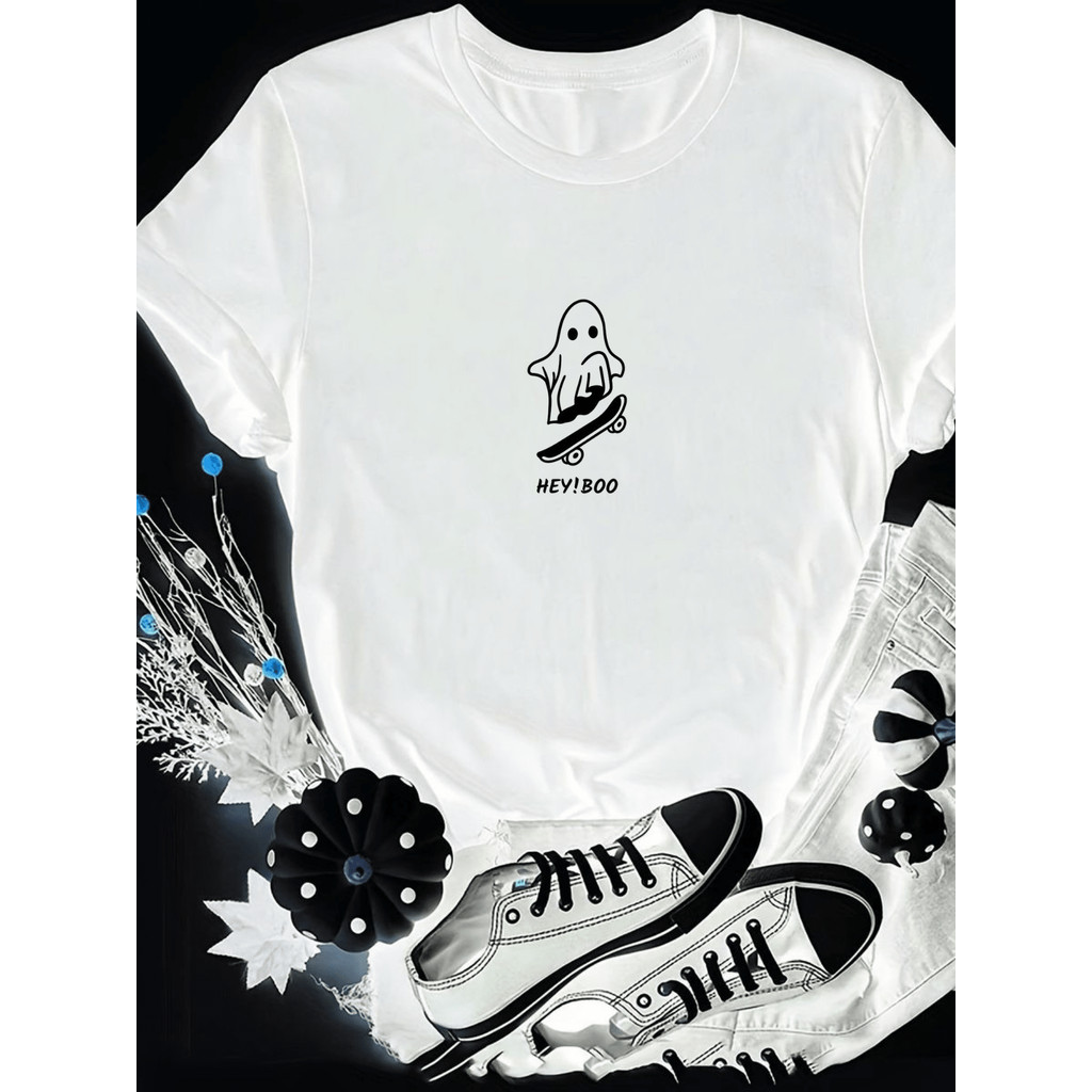 Camiseta Feminina 100% Algodão Skatista Fantasma Hey Boo Promoção Lançamento