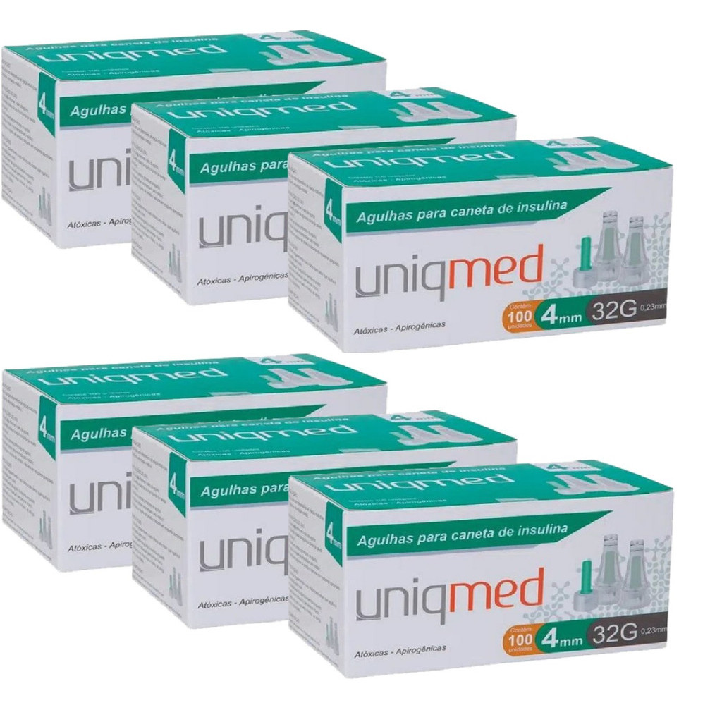 Kit 6 Caixas de Agulha para caneta De Insulina 4mm 32g Com 600un Uniqmed