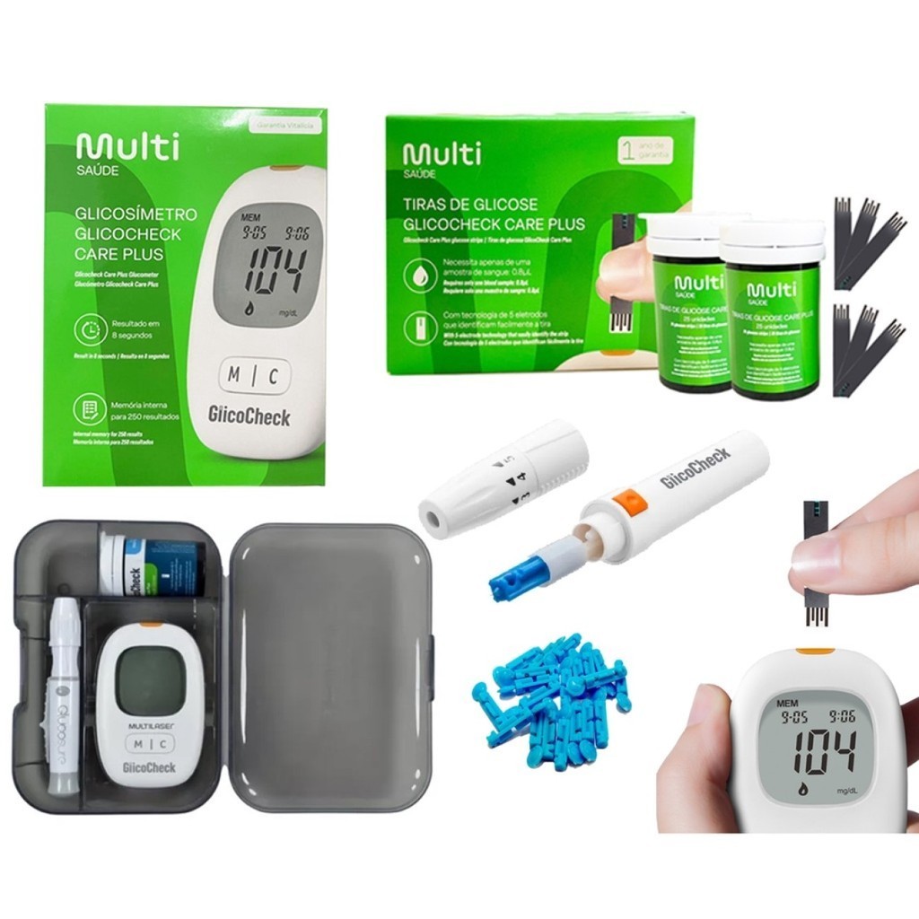 Kit Medidor Glicose Completo + 60 Tiras - Multilaser