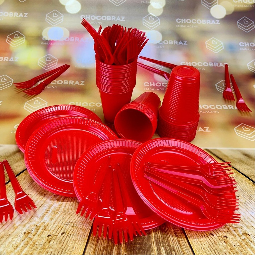 Kit Festa 50 PESSOAS DESCARTAVEIS VERMELHO GARFO + PRATO + COPO - Home & Living