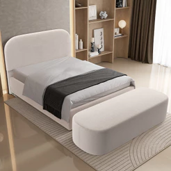 Cabeceira Cama Box Queen 160cm Lanna com Puff Recamier Doha W01 Bouclê Creme - Lyam Decor