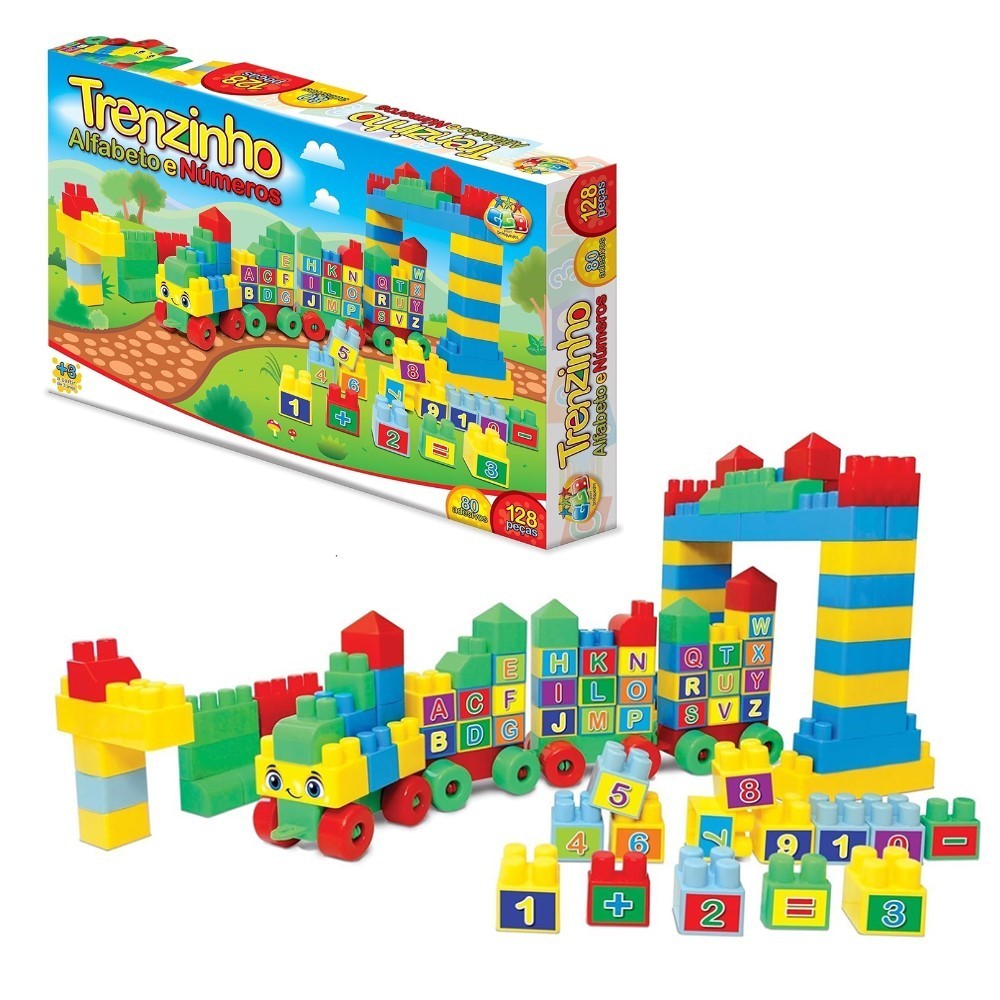 Brinquedo Educativo Blocos De Montar Trenzinho Alfabeto e Números 128 Peças Colorido em Oferta na Shopee