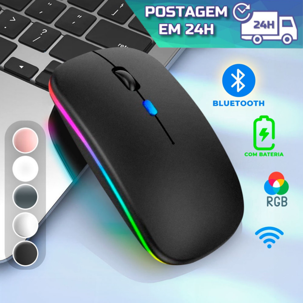 Mouse Bluetooth e Wireless Recarregável Sem Fio Gamer Led Rgb 2.4 hz B 5.0 Compatível com Celular Notebook Computador