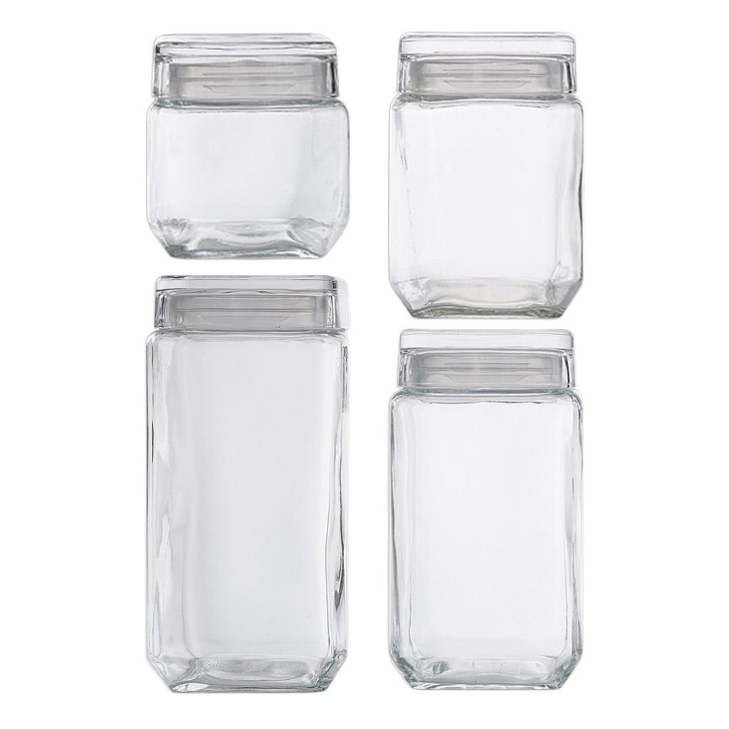 Kit 4 Pote Porta Mantimento Quadrado Tampa Vidro Style P M G GG Armazenamento Premium - Le Bianco