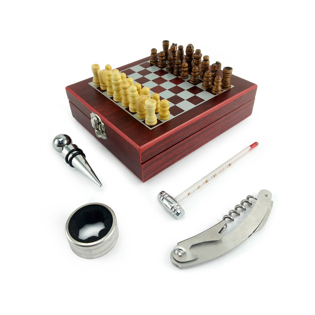Kit Vinho Luxo Estojo Madeira Acessórios 4 Peças Saca Rolha Jogo Xadrez