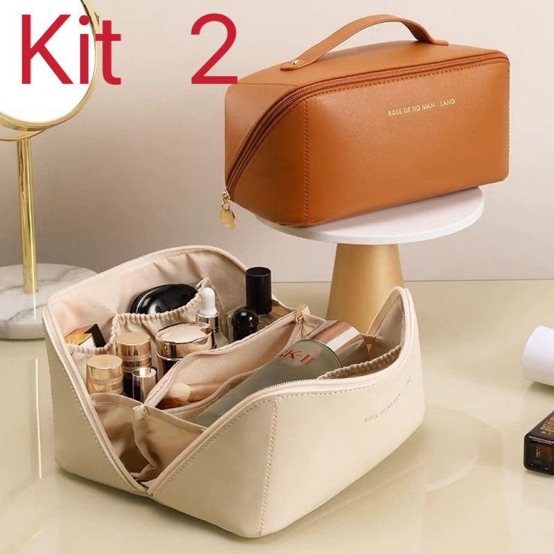 Kit 2 Bolsa cosmética de couro Bolsa cosmética portátil de viagem de grande capacidade