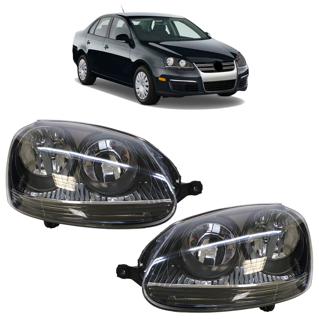 Par Farol Dianteiro Jetta 2005 A 2010 Máscara Negra Lente Lisa em Acrílico Foco Duplo