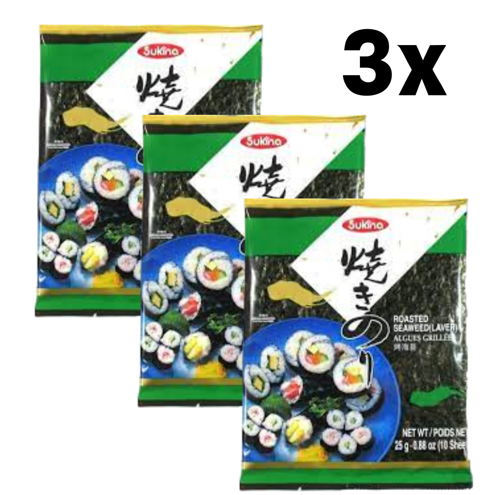 Kit 3 Pacotes Alga Marinha Nori Sukina Coreia 10 folhas 25gX3