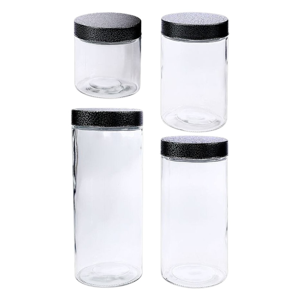 Kit 4 Pote Porta Mantimento Vidro Redondo Tampa Ferro Nobre P M G GG Cozinha Premium - Le Bianco