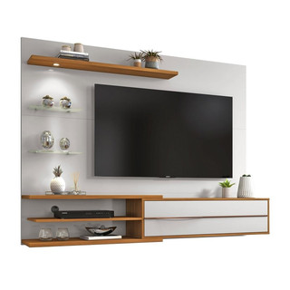 Painel Suspenso Para TV 1 Porta 4 Prateleiras Luz LED Sala de Estar Off White e Marrom Madeira em Oferta na Shopee