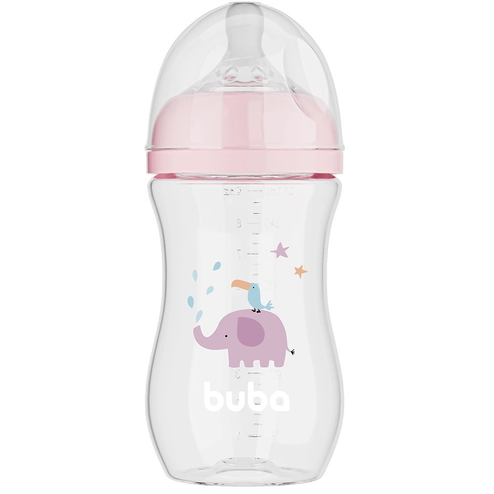 Mamadeira Buba Easy Flow 270ml C/ Bico Fluxo 2 Silicone Elefante Rosa mamadeira buba