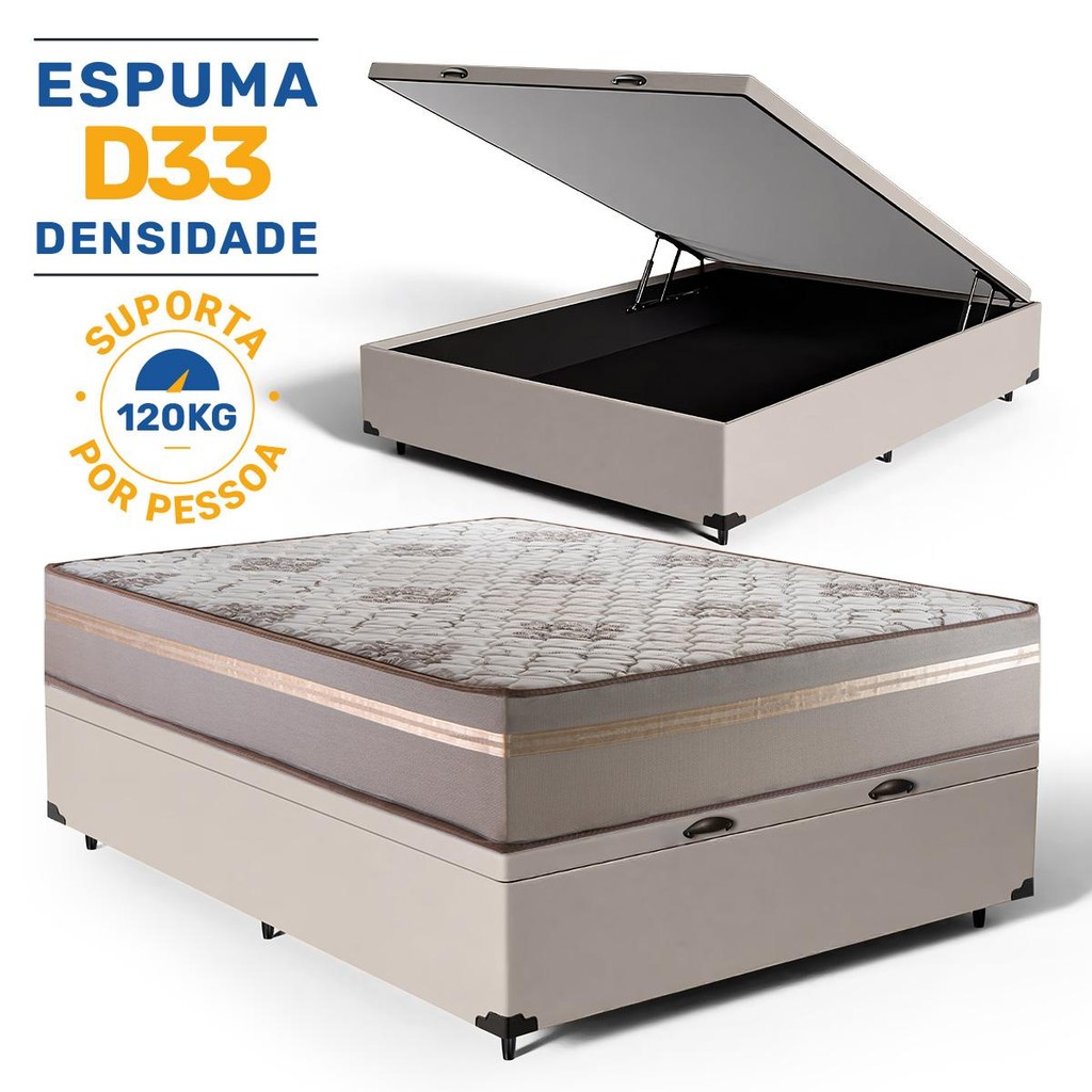 Cama Box Baú com Colchão de Espuma D33 Millenium One Face + 2 Trav Casal 138cm em Oferta na Shopee