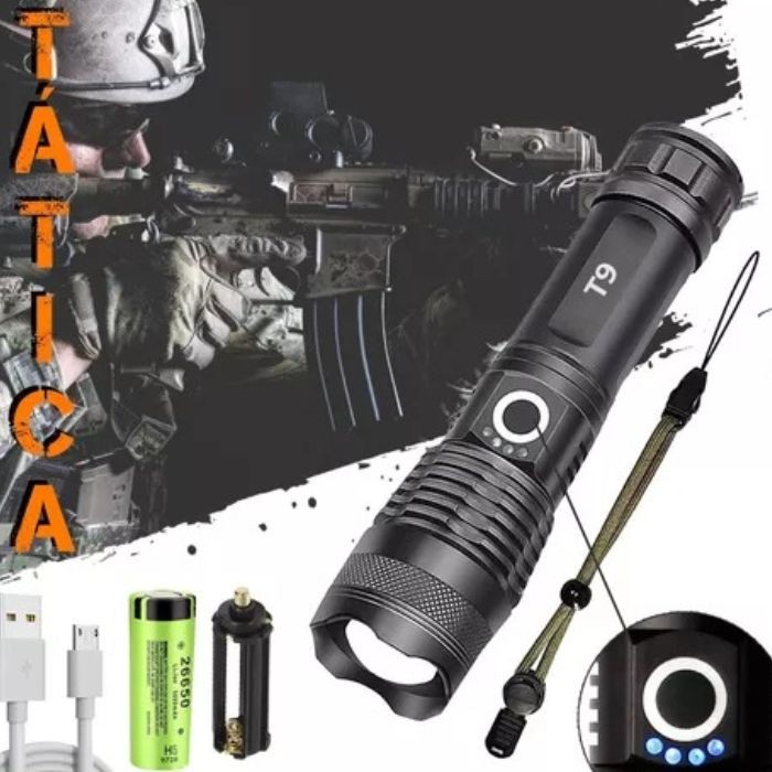 Lanterna Tática Militar Mais Forte Brasil Profissional Led Bateria Recarregável T9 Zoom Bateria USB