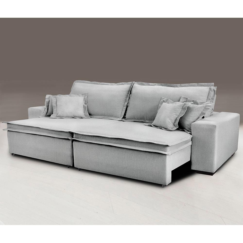 Sofa Retrátil e Reclinável com Molas Cama inBox Premium 2,52m tecido em linho Cinza Claro - Home & Living