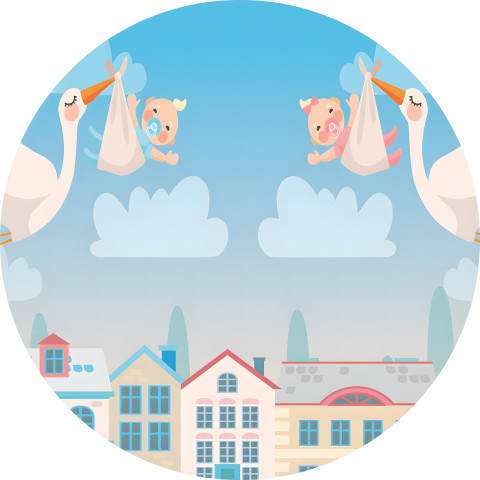 NOVO Painel Festa Infantil Redondo Chá Revelação, Cegonhas com Bebês, Casas ao Fundo + Arco, Suporte incluso. Fazemos personalizado com qualquer tema. Confeccionado em Lona fosca, impressão de alta resolução. cenário , p/ Decoração