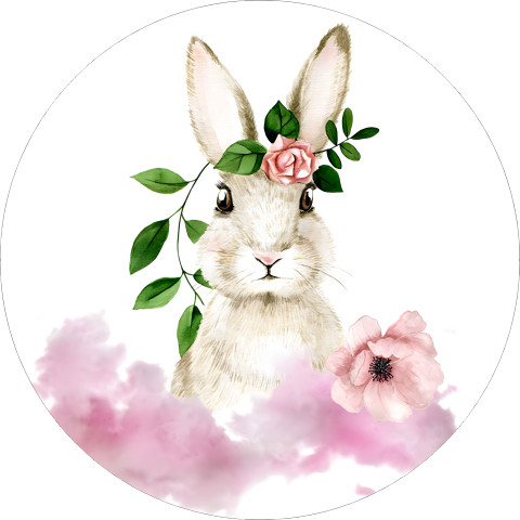 NOVO Painel Festa Infantil Redondo Coelho com Flor Aquarela Rosa na Cabeça, Folhas Verde + Arco, Suporte incluso. Fazemos personalizado com qualquer tema. Confeccionado em Lona fosca, impressão de alta resolução. cenário , p/ Decoração