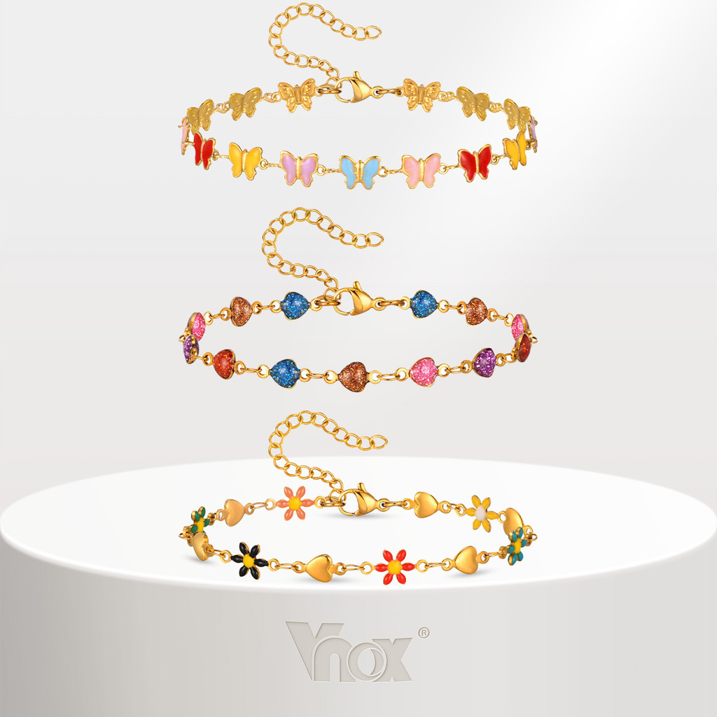 Pulseira De Corrente Colorida Vnox Y2K Para Mulheres E Meninas , De Elo De Flor De Borboleta De Coração Dourado 18K , Presente De Joia Sem Desbotamento