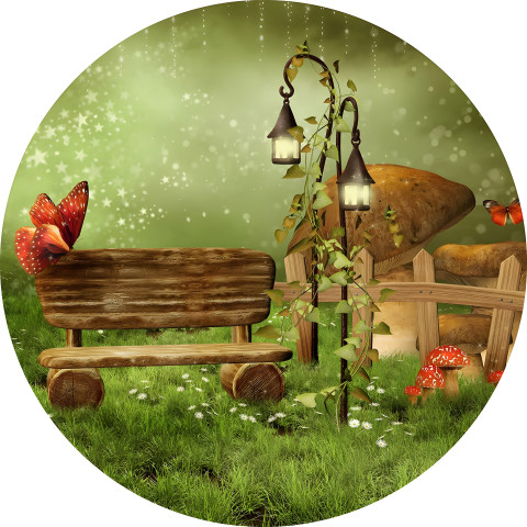 NOVO Painel Festa Infantil Redondo Jardim Encantado, Banco de Madeira + Arco, Suporte incluso. Fazemos personalizado com qualquer tema. Confeccionado em Lona fosca, impressão de alta resolução. cenário , p/ Decoração