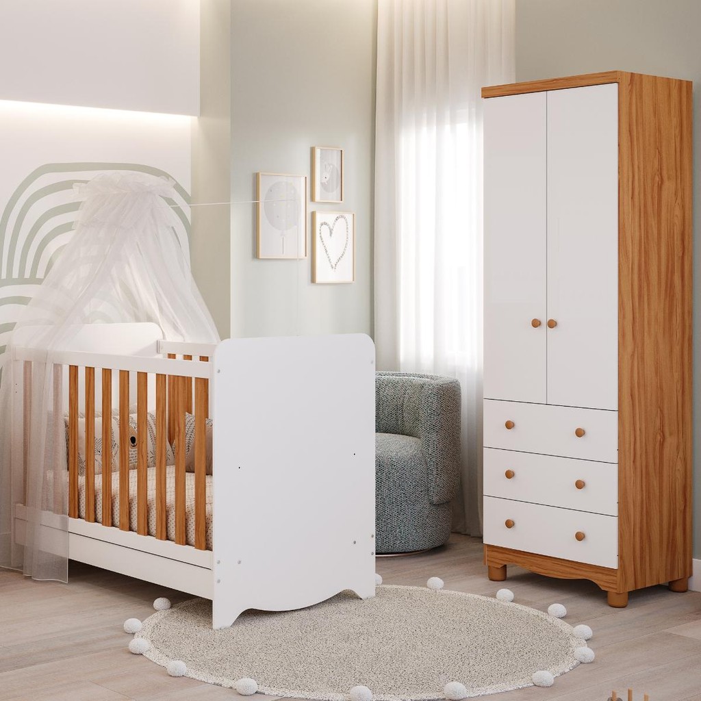 Quarto de Bebê Completo Berço Americano Ben 3 Em 1 Guarda Roupa Júnior 2 Portas 3 Gavetas 100% MDF em Oferta na Shopee