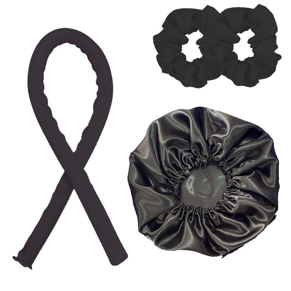 KIT 4 Peças Com Modelador de Cachos Heatless em Cetim + 2 Xuxinha Cetim + Touca Dupla Face - WYL