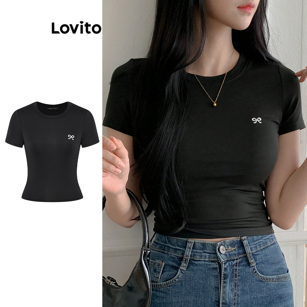 Lovito Camiseta Casual Com Laço Liso Para Mulheres L99ED184 - Women Clothes