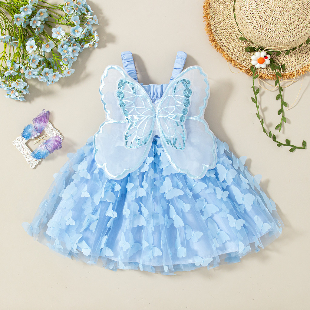 Verão Novo Bebê Menina Suspender Vestido Cor Sólida Borboleta Asa Gaze De Festa De Aniversário Das Crianças