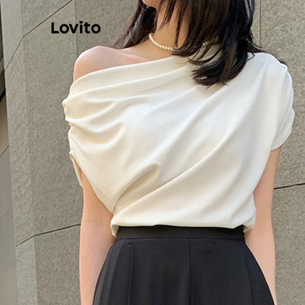 Lovito Camiseta Casual Lisa De Ombro Frio Para Mulheres L104ED494 - Women Clothes