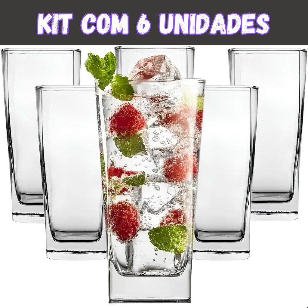 Jogo de Copos de Vidro 300ml Quadrado Texas Miami Bali para Suco Agua Refrigerante em Oferta na Shopee