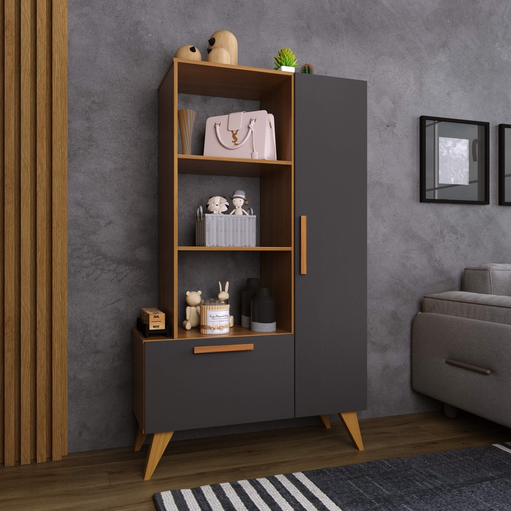 Estante Multiuso 80cm 1 Porta 1 Gaveta Atenas Fidelitá Freijó/Chumbo - Home & Living