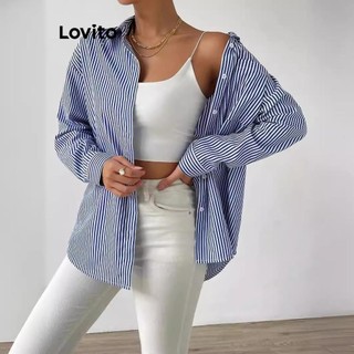Lovito Blusa casual listrada com botões para mulheres LNL65334 em Oferta na Shopee