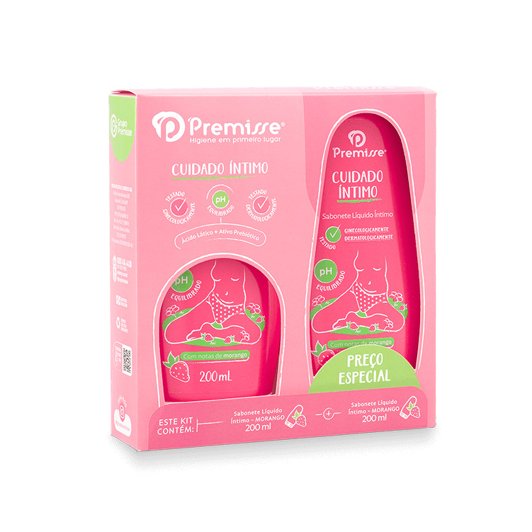 Kit 2 Sabonete Íntimo Feminino Ácido Lático + Ativo Prebiótico Ginecologicamente testado Morango 200ml Premisse em Oferta na Shopee