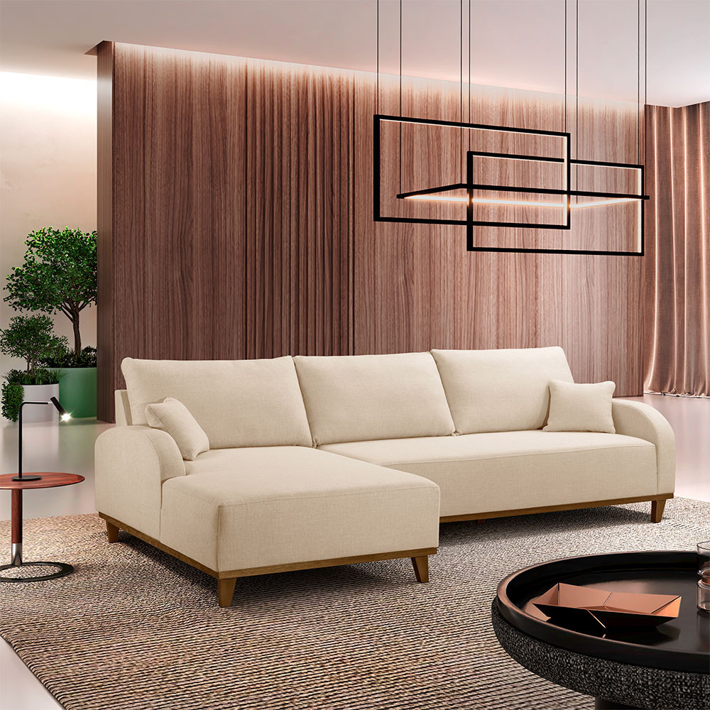 Sofá 4 lugares Fixo Com Chaise de Linho 2,5M Albano Com Molas Lado Esquerdo Meu Sofá Online