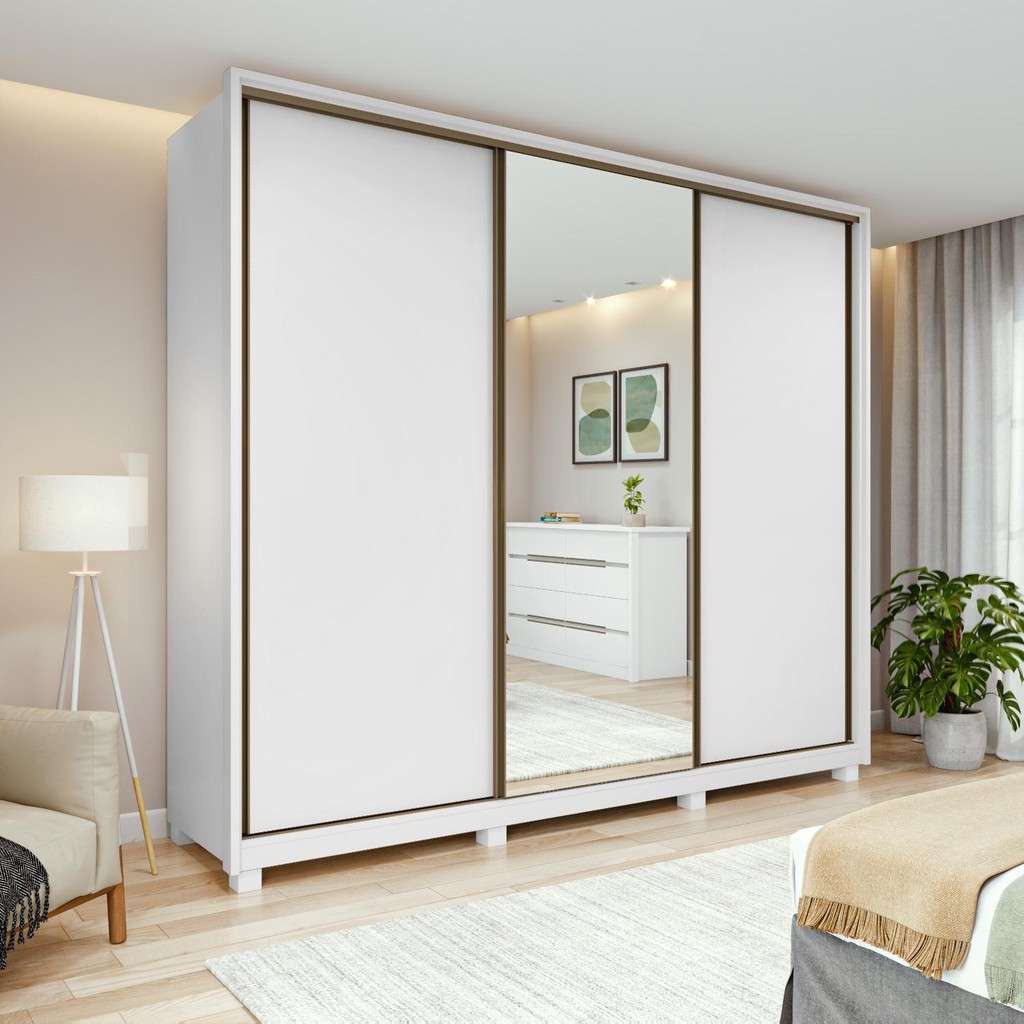 Guarda-Roupa Casal 100% MDF 3 Portas 6 Gavetas Vitta 2,70 Glass e Pés Branco