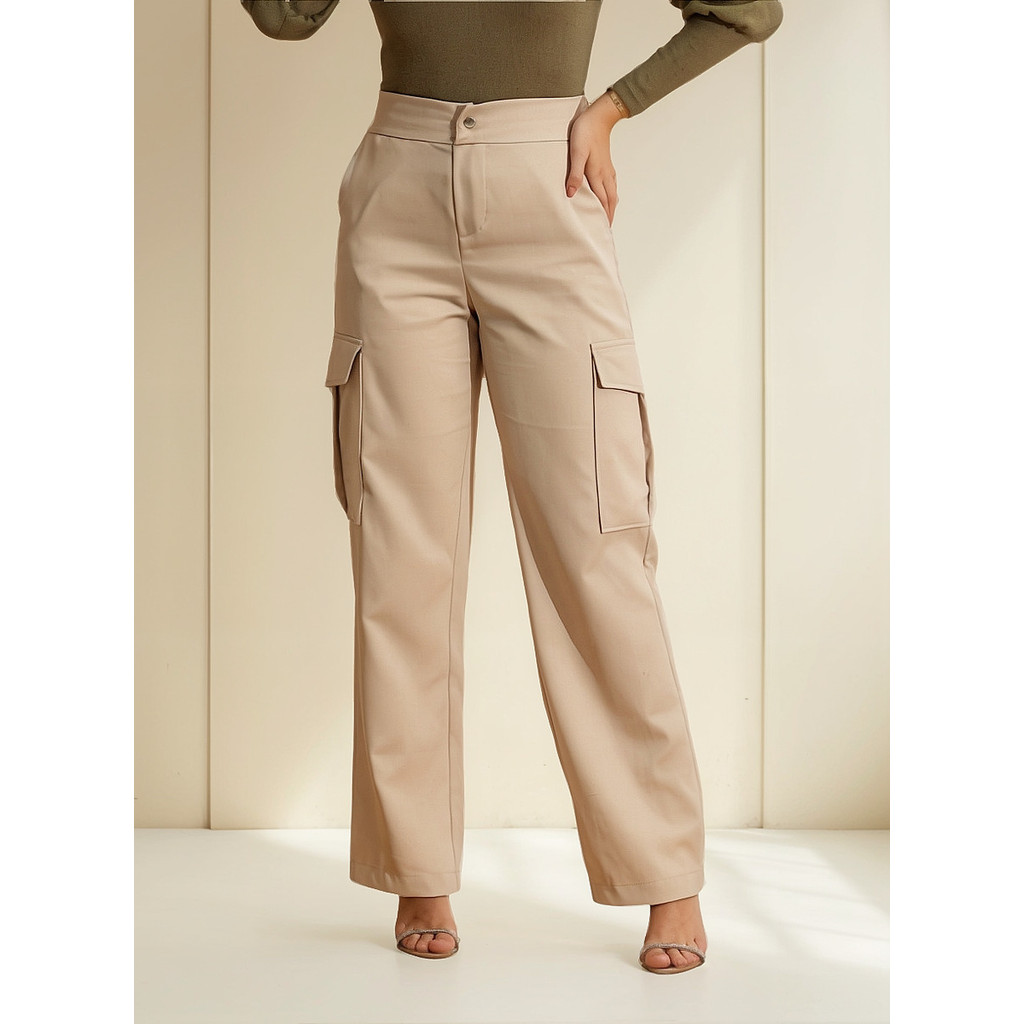 Calca Alfaiataria Cargo Com Bolso Wide Leg Minimalista Femin