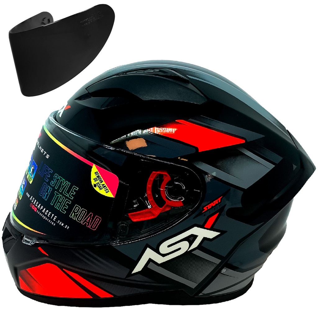 Imagem Capacete Asx City Start Brilho Preto/Vermelho/Cinza Com Viseira Fumê