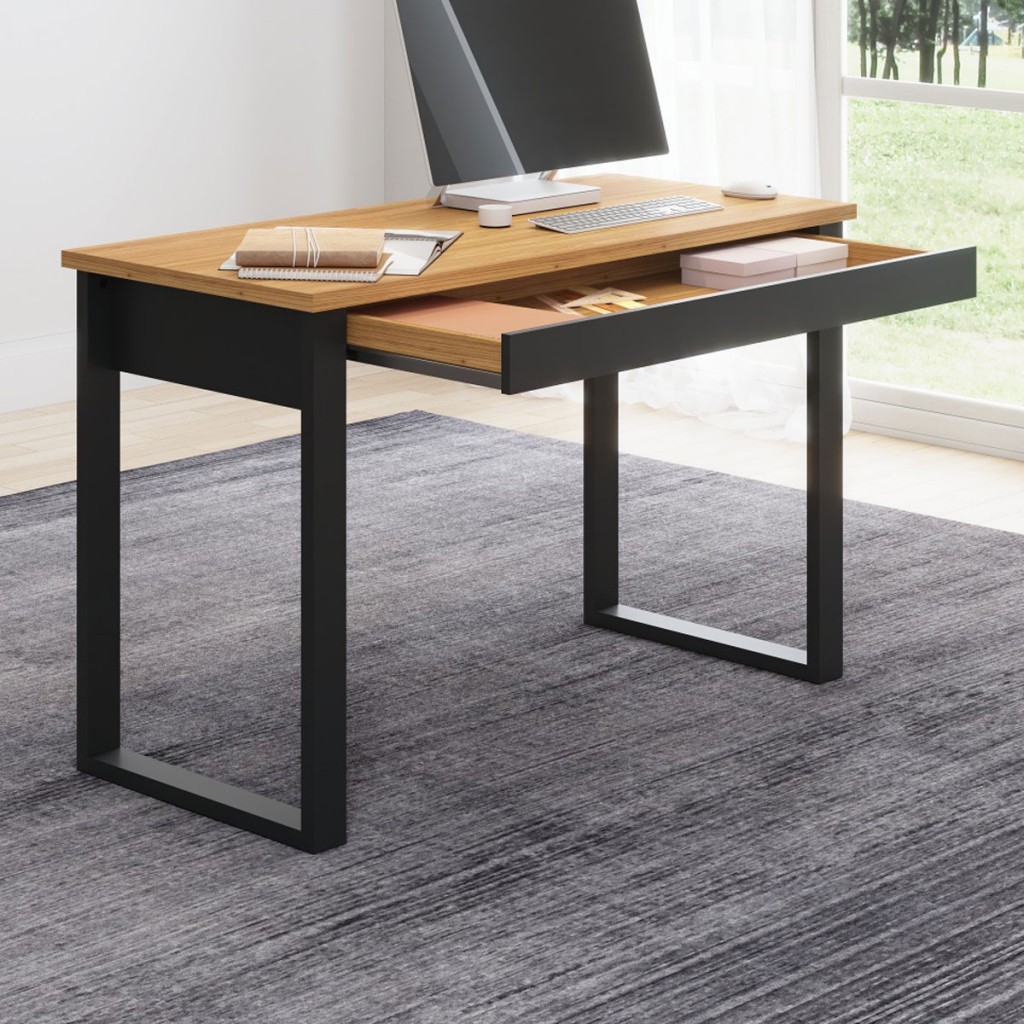 Mesa Escrivaninha Industrial 1 Gaveta 100% Mdf Freijó/Preto Fosco F24 - Pradel em Oferta na Shopee