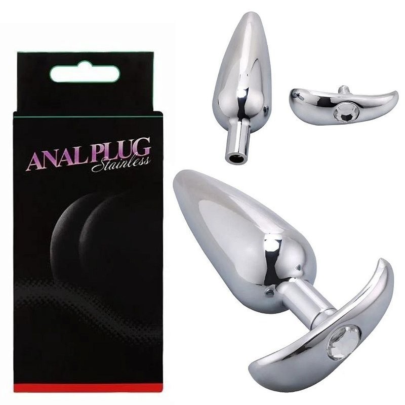 Plug Anal Cromado Com Joia Brilhante e Alça Segurança Rosqueável