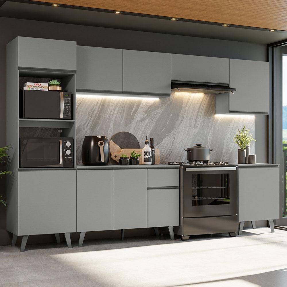 Armário De Cozinha Completa 320cm Cinza Nice Madesa 01 Cinza
