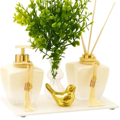 Kit Lavabo Banheiro Degrade Branco Porta Sabonete Difusor C/bandeja Branca