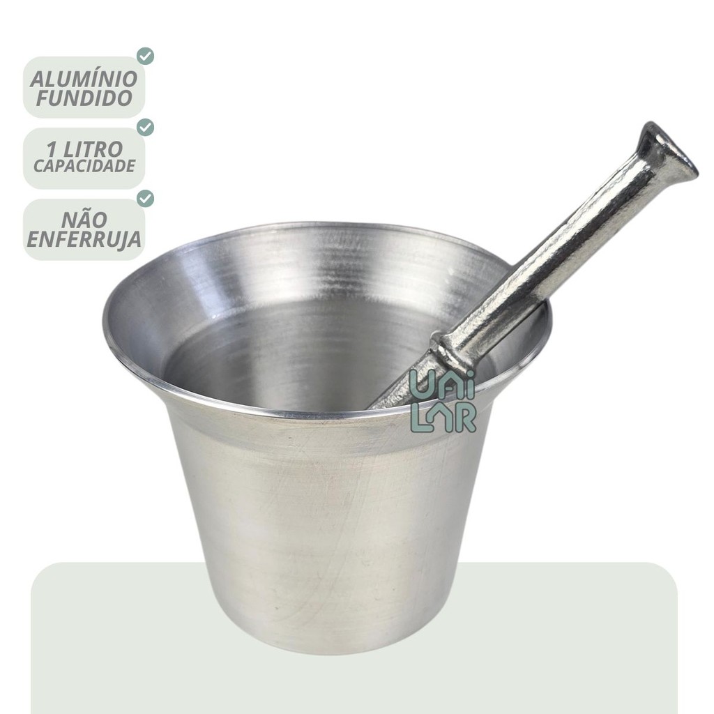 Almofariz de Alumínio Fundido grande 1 litro + Socador – Pilão Resistente para Temperos