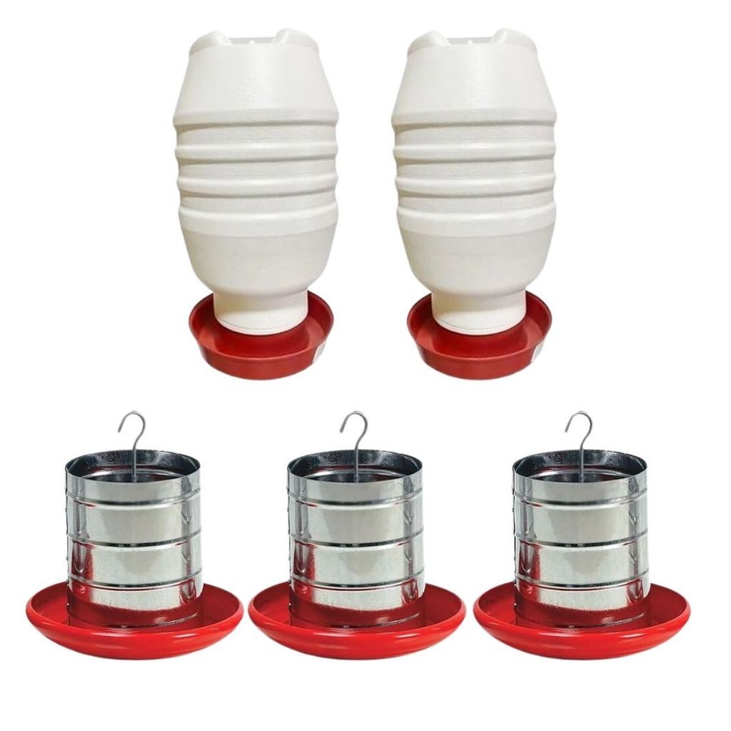Kit 2 Bebedouro 5L + 3 Comedouro Tubular 5 kg Aves Frango Galinha Codorna Faisão