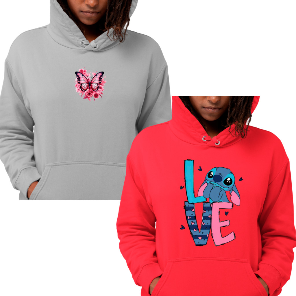 KIt 2 Moletom Canguru Feminino Borboleta E Lilo Stitch Love 100% Algodão Confortável Quentinha