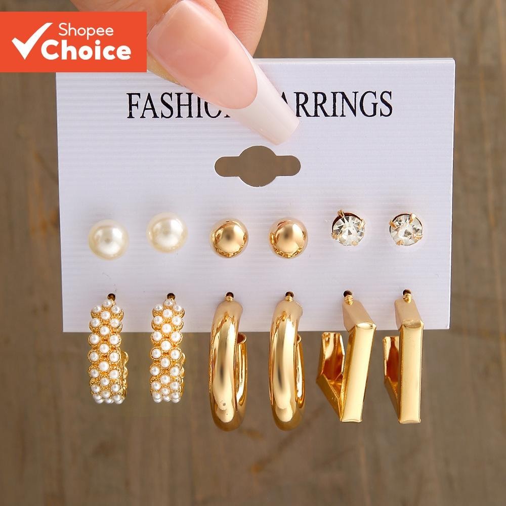 Conjunto De Brincos De Metal Geométrico Retrô De 6 Peças | Design Quadrado Exagerado Com Incrustações De Pérolas E Stras