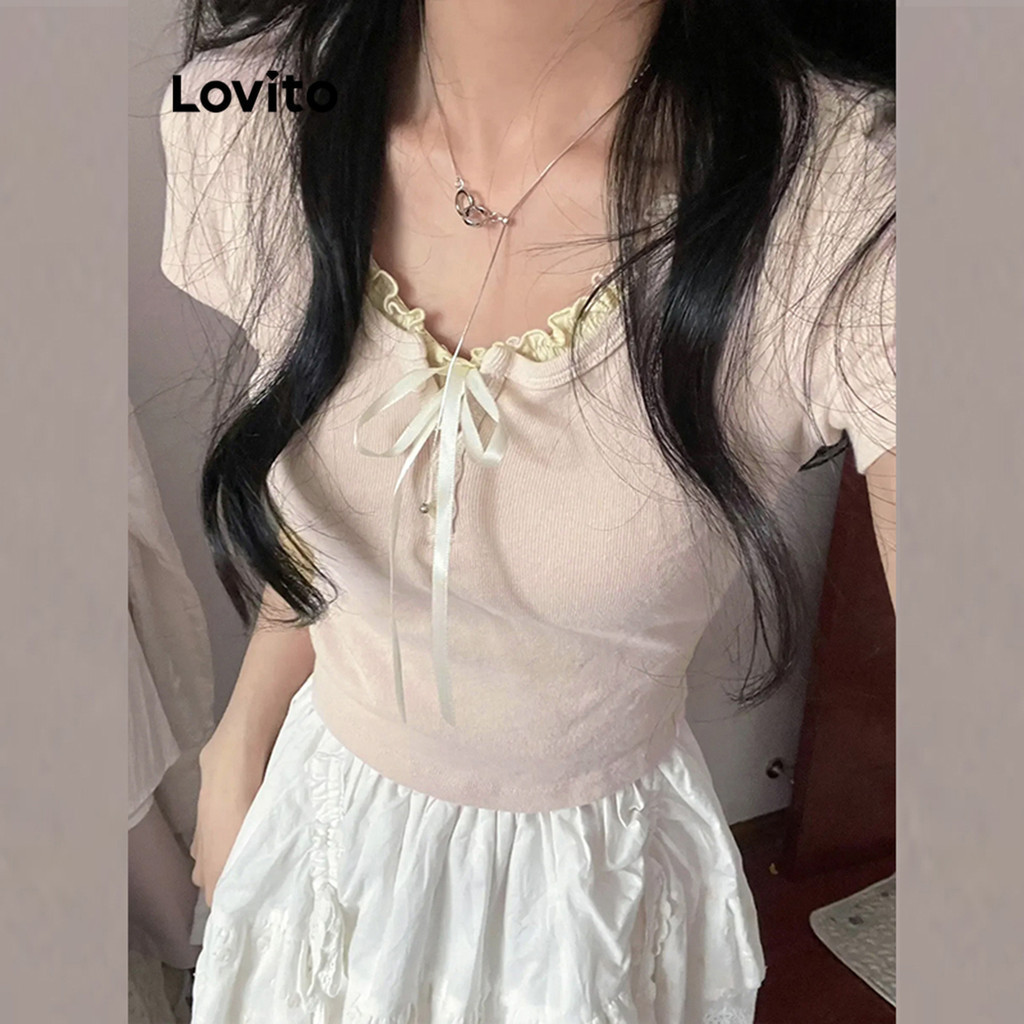 (Trendy) Lovito Camiseta Casual Com Cordão Liso Para Mulheres LNA27322 (Rosa) - Women Clothes