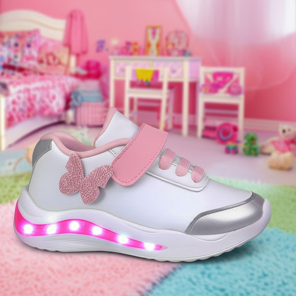 Tênis Calçadoi com Luz LED Infantil Borboleta Glitter Rosa e Branco - Calçado Brilhante