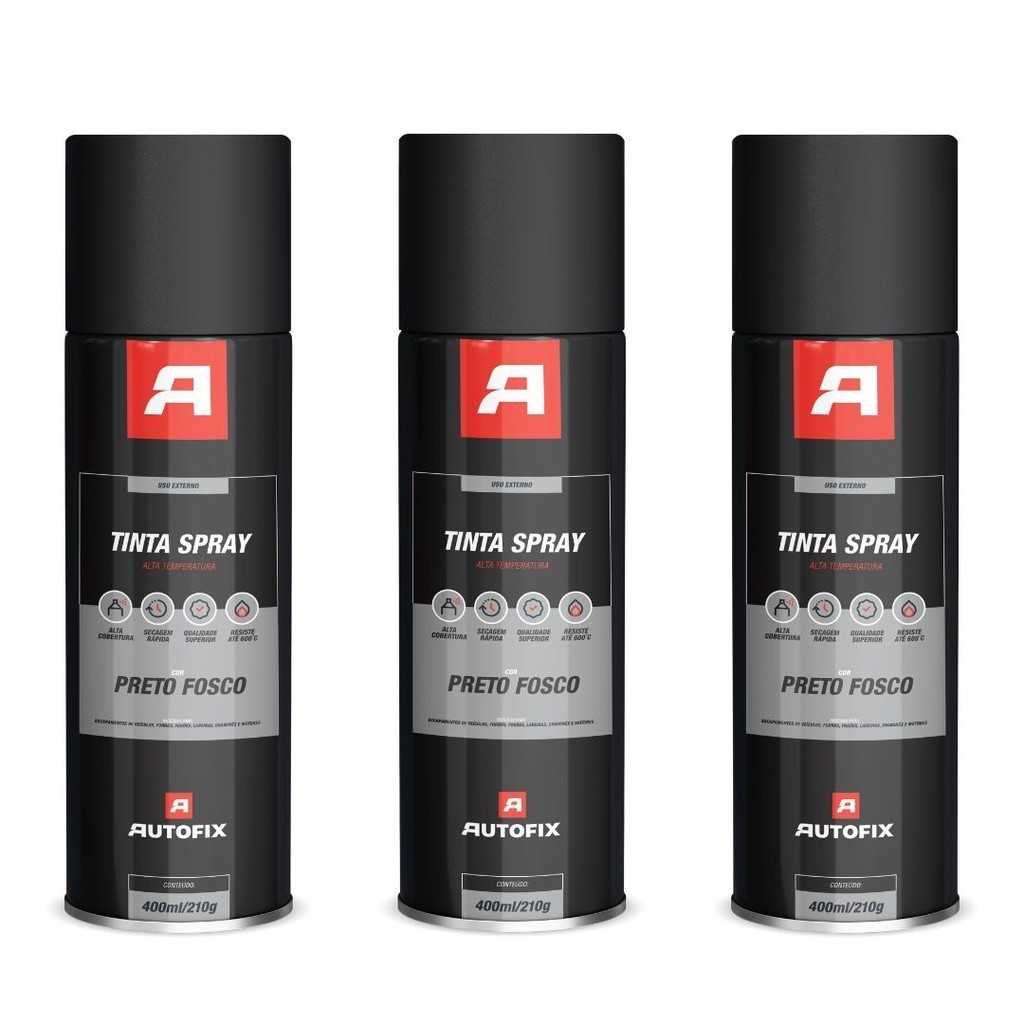 Kit 3Tinta Spray Uso Geral 400ml - Autofix 400ml / 210g - Preto Fosco Alta Temperatura em Oferta na Shopee