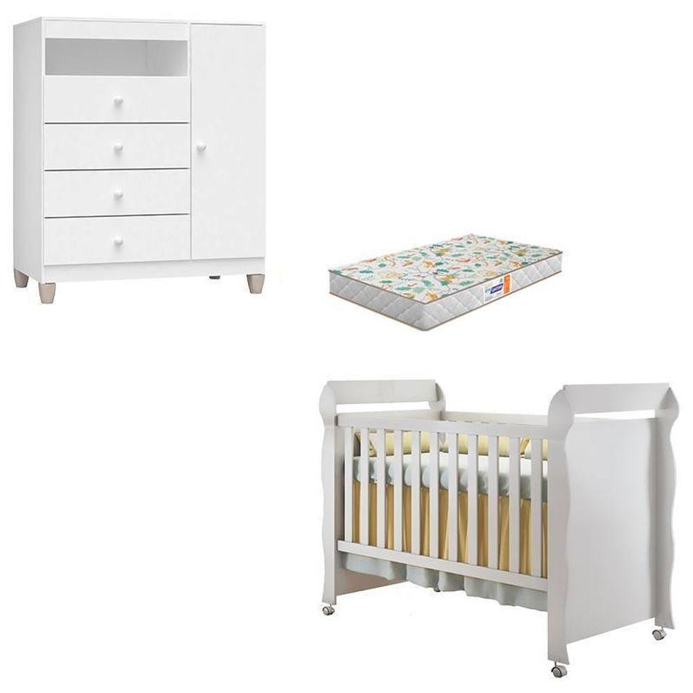 Berço Americano Mirelle Com Colchão Gazin E Cômoda Infantil Ternura Baby cor de fabricação Branco Brilho - Incorplac