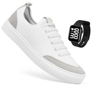 Kit Tenis Branco Sapatenis Casual Cano Baixo Nylon Sola Reta Enfermagem Leve Confortável + Relógio