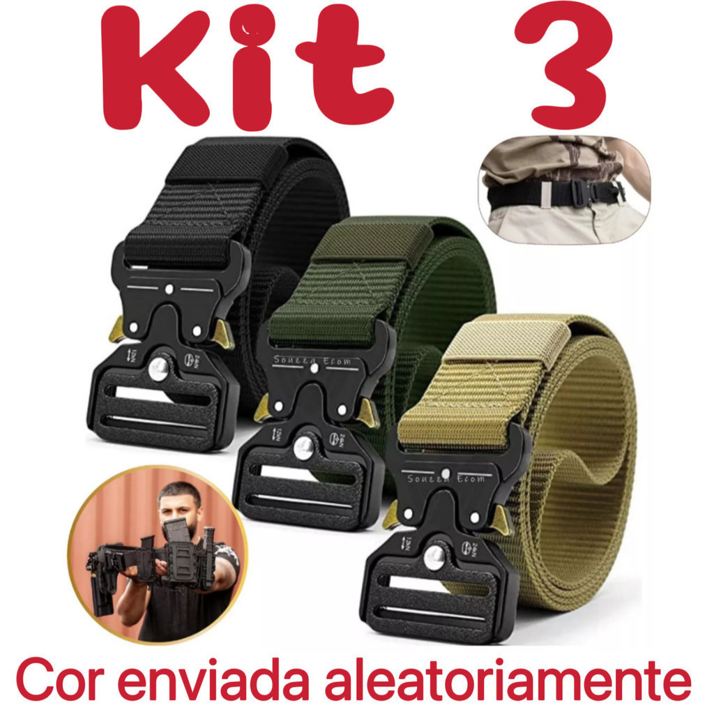 kit 3  Cinto Militar Largo Em Nylon Fivela Larga Em Zinco e Engate Rápido